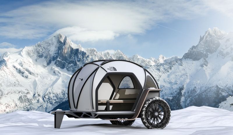 the north face camper in snowy mountains