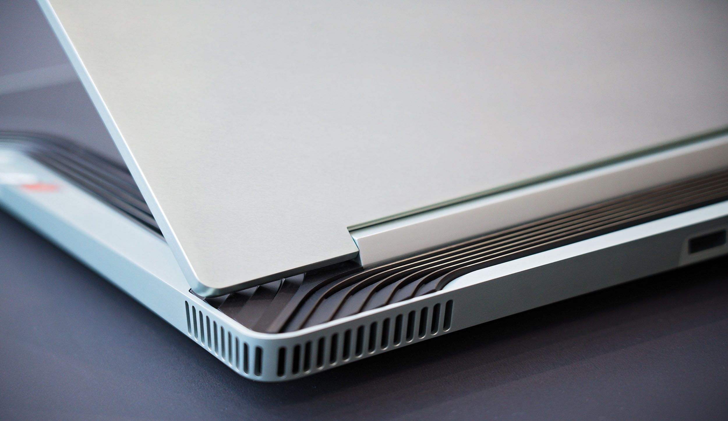 Detail view of laptop ventilation gills.