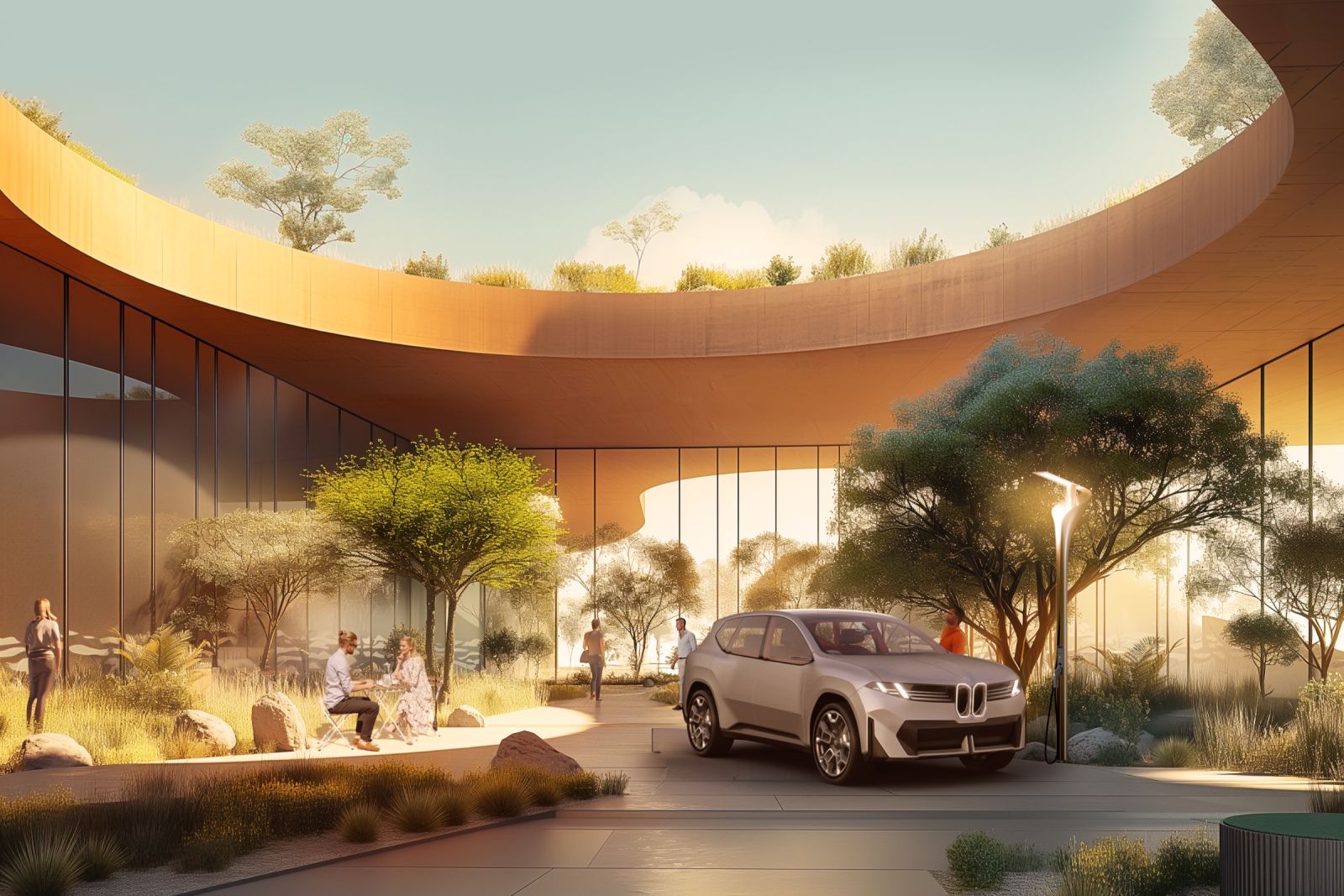 Electric vehicle charging in a courtyard surrounded by plants and architecture.