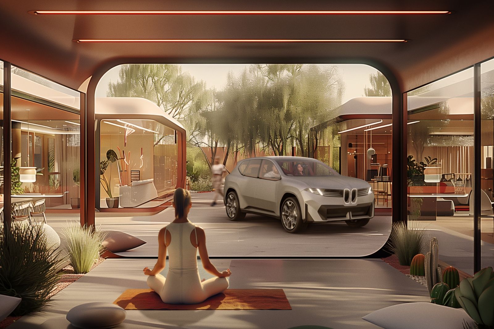 A person meditating in a calm environment while their vehicle is charging.